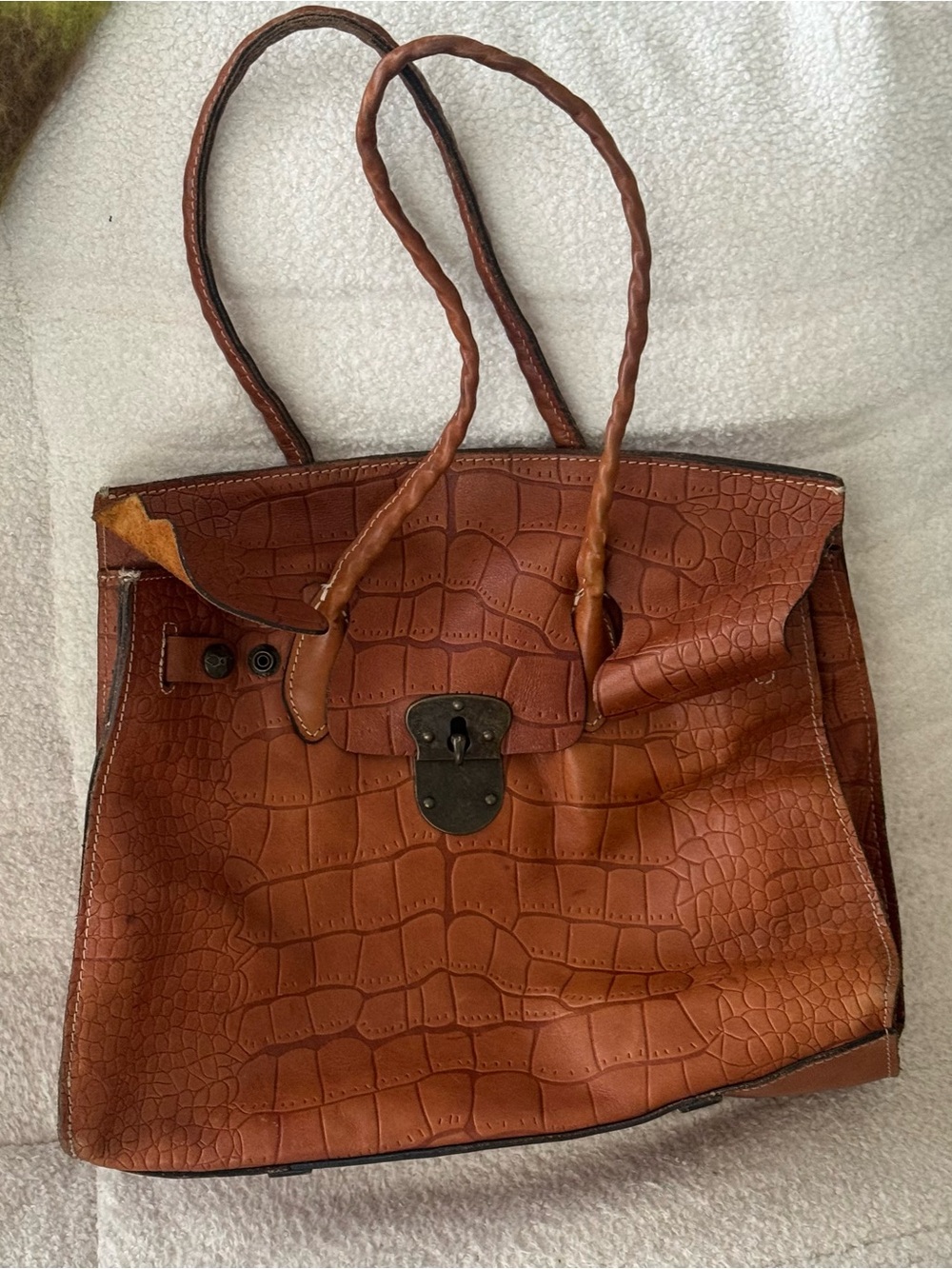 PATRICIA NASH Large Brown Leather Croc Lock Tote Bag
